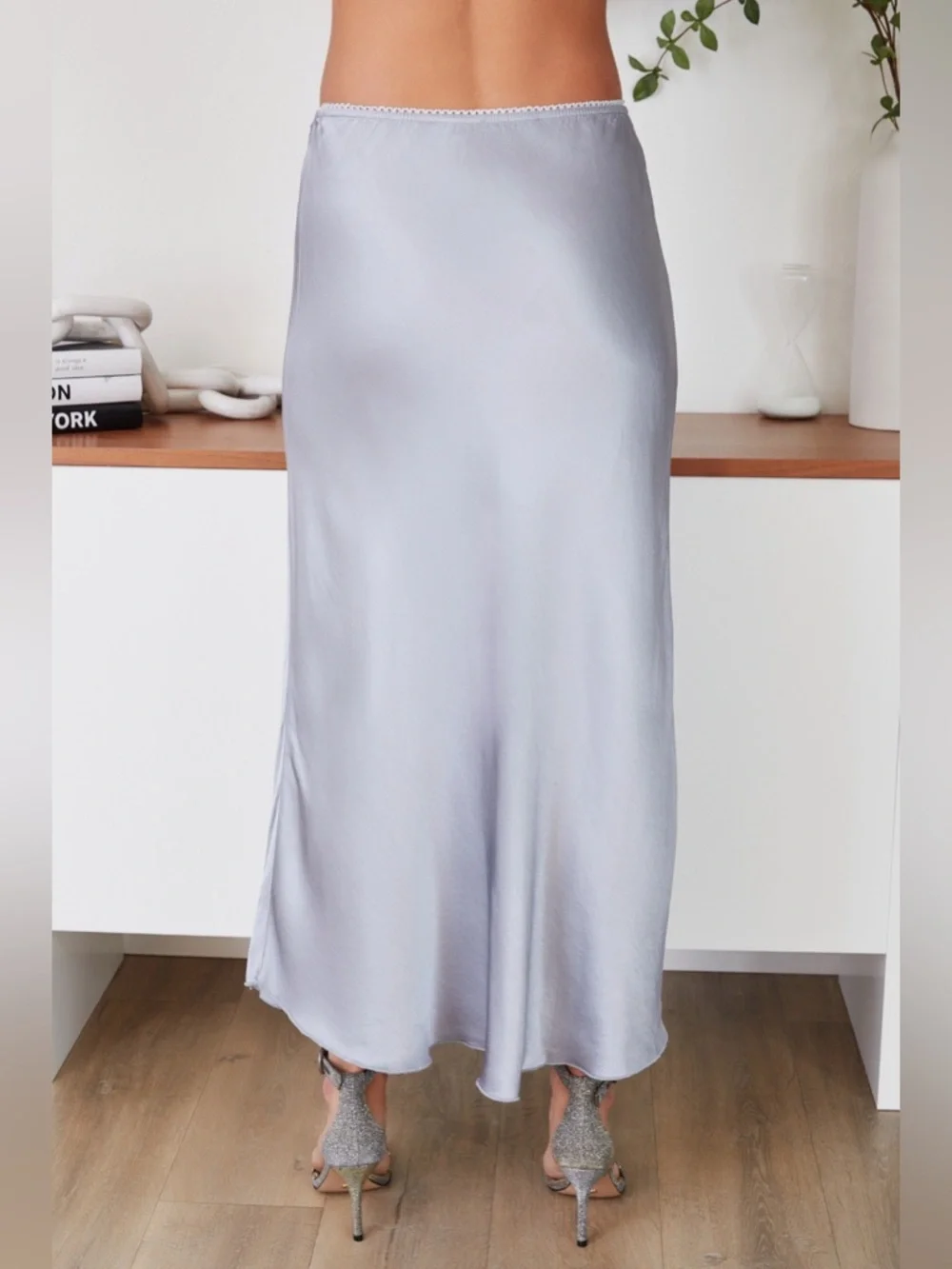 (9298/235110-SLVR) SOLID ELASTIC LACE TRIM WAIST SILKY VISCOSE MAXI SKIRT - Picture 3 of 4